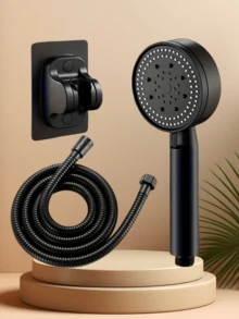 三件套高压淋浴喷头套装（喷头/软管/支架）：5种喷淋模式，强劲水流，家用浴室淋浴喷头，小巧硅胶喷嘴，高/低压调节，免钻孔壁挂式设计。返校季浴室配件 - 彩色 - 查看 3