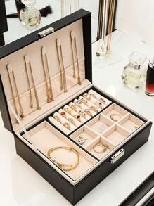 Large Capacity Jewelry Storage Box, Double Layer Lockable Necklace Earring Organizer Box, Big Space Ring Earring Jewelry Box, Double Layer Jewelry Box, Leather Portable Jewelry Box With Removable Tray, Fabric Lining, Key Lock Closure - Desktop Storage, Travel Jewelry Box, Jewelry Organizer For Necklaces, Rings, Watches, Bracelets, Best Gift For Family, Friends, Students, Teachers, Goddess, Holiday Gifts