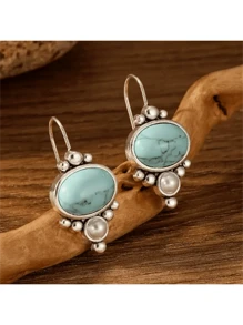 1 Pair Vintage Bohemian Faux Turquoise Blue Earrings With Faux Pearl Decor, Fashionable Wedding/Party Earrings Gift For Women