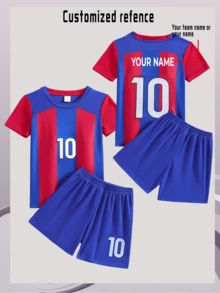 [Custom] 2pcs Barcelona FC Sports Training Quick-Dry Short Sleeve Sportswear Set, Fixed No.10 Number, Suitable For Football, Sports, Daily Wear, Customized Name - Blue - View 2