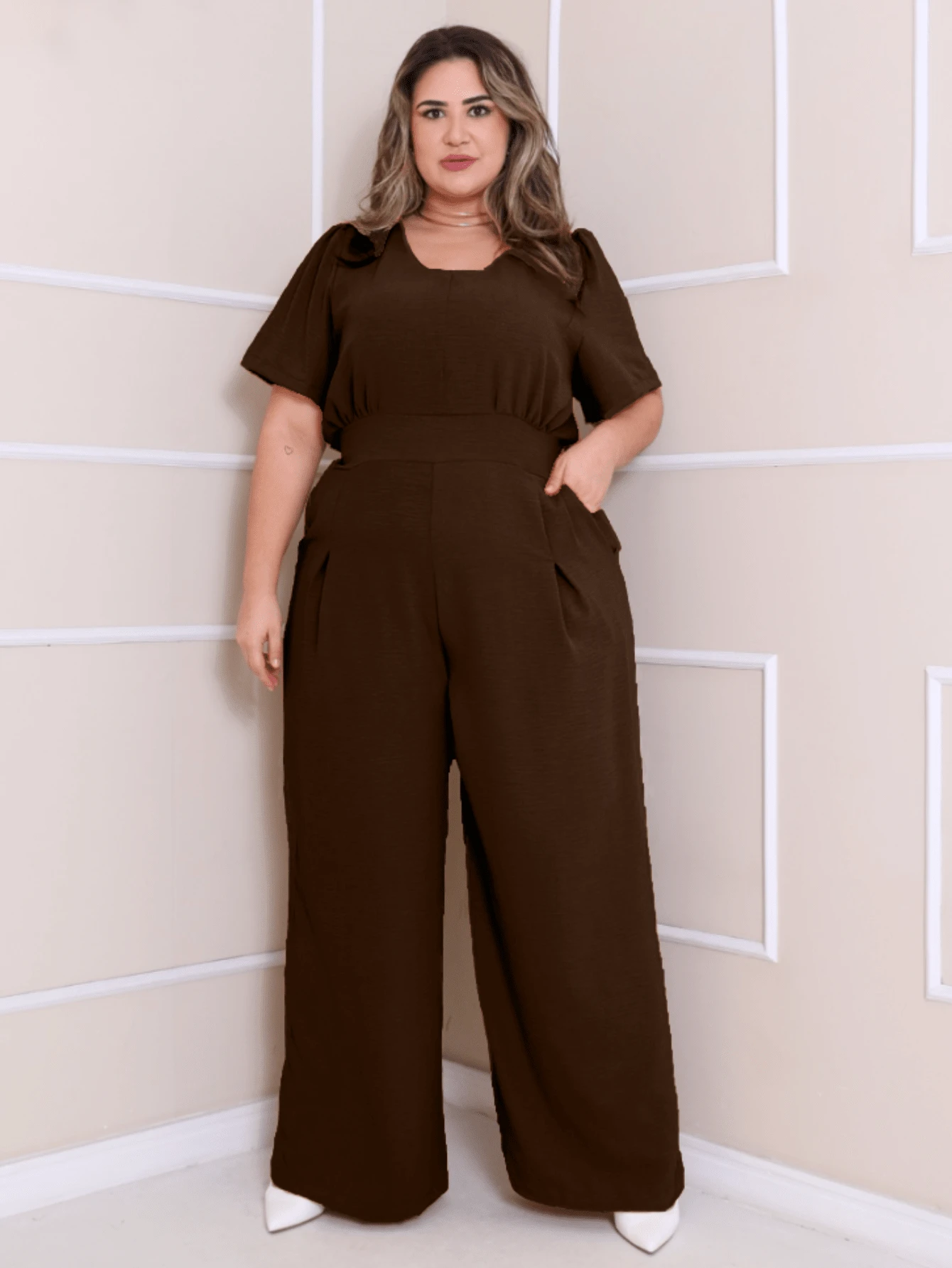 V-Neck Jumpsuit Fitted Plus Size Fitted Palazzo Pants With Pockets And Discreet Pleat Casual Evangelical Fashion Elegant Comfortable Loose | Curve | Wide Leg - Rỉ Nâu - Xem 1