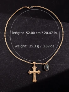 1pc Fashionable Vintage Retro Hip Hop Street Style Luxurious Punk Personalized Green Gem Cross Pendant Necklace For Men, Daily Streetwear Accessories - Multicolor - View 7