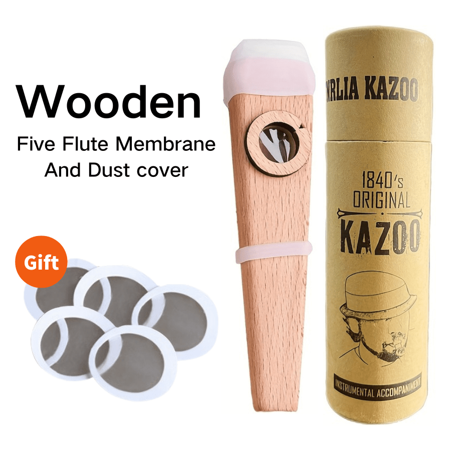 Hölzerne Kazoo, Gitarren-/Ukulelen-/Elektrogitarren-/Bass-Begleitung, farbenfrohe, anfängerfreundliche, einfache Musikinstrumente, 1 Stück Kazoo mit 5 Stück Membran enthalten