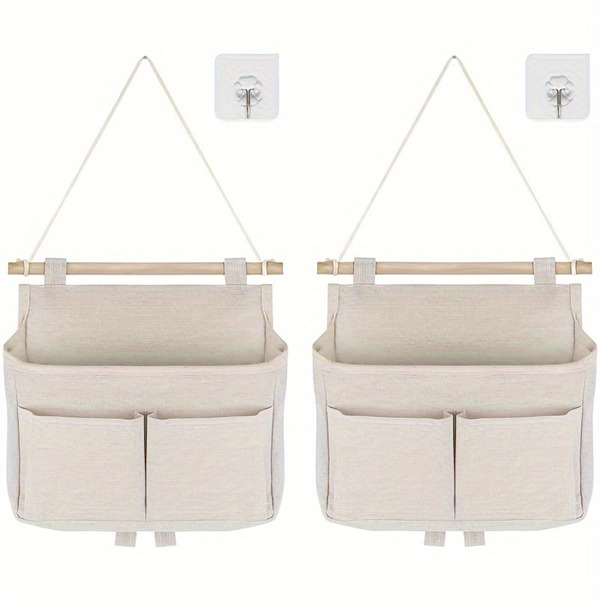 2pcs Beige Linen Hanging Storage Bags With Wooden Rod - Durable Over-The-Door Organizer With Multiple Pockets For Home, Office, Hallway, Or Bathroom, Freestanding Fabric Design, Bathroom Organizers And Storage