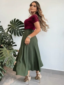 Women's Tailored Midi Skirt Evase Sensorial With Elegant Pocket - 軍綠色 - 查看 2