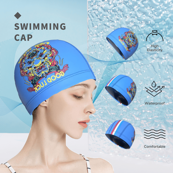 1pc Adult Waterproof PU Swimming Cap, Cartoon Print, Soft & Comfortable, No Head Pressure, Professional Swimming Gear