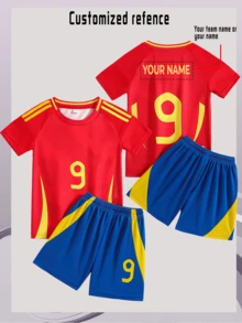 [Customized Item] 2pcs Spain Casual Sports Training Moisture-Wicking Short Sleeve Sports Suit, Fixed No.9 Number, Suitable For Football, Sports, Daily Wear, Customized Name