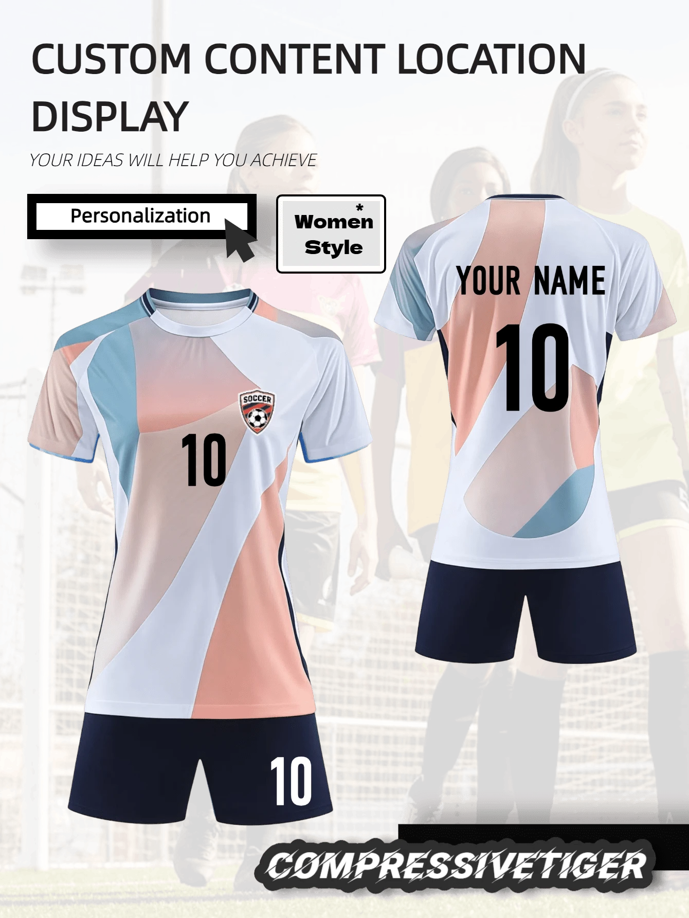 2pcs Pro Style Women's Customizable White Football Jersey & Shorts Set | Add Your Name & Number | Quick-Drying, Sweat Control | Club Player Gift For Her. Halloween, Thanksgiving, Christmas And New Year Gifts