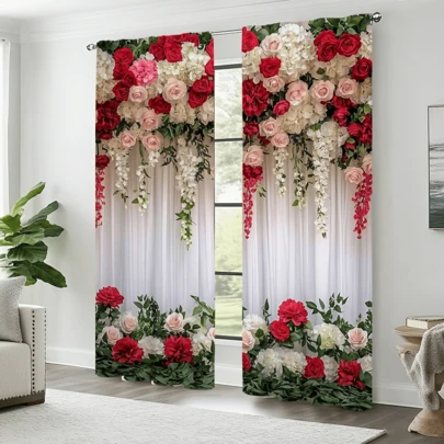 2pcs Elegant Red & White Rose Floral Print Curtains - Rod Pocket Polyester Curtains, Suitable For Kitchen, Living Room, Office, Bedroom, Cafe, Holiday Home - Machine Washable, Scenic Theme Decor, Christmas Curtains