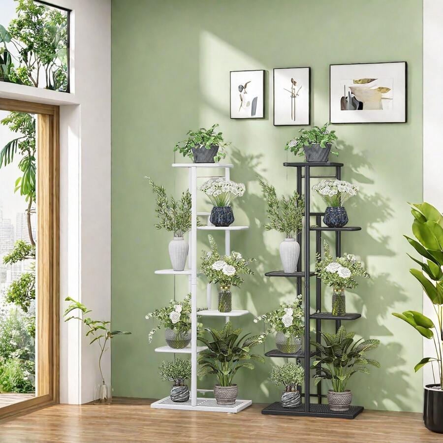 Estantería metálica para plantas de 3/4/5/6/7/8 niveles, soporte multifuncional para macetas de interior/exterior, estantería de piso de una sola capa para patio, jardín, rincón, balcón, sala de estar, color negro