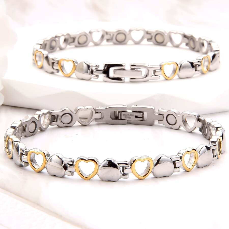 1pc Heart-Shaped Magnetic Bracelet, Stainless Steel Bracelet With Adjustable Sizing Tool Jewelry Gift (Silvery+Golden)