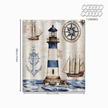1 Stück Duschvorhang mit Leuchtturm Motiv, rutschfeste Badematte, U-förmige Matte, Toilettendeckel-Matte, Hochwertig, langanhaltend, 2D Muster, Thermotransferdruck, Schulanfang