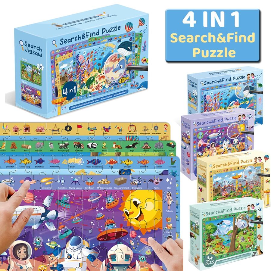 Giocattolo puzzle cognitivo 4 in 1 di ricerca e scoperta per bambini, 4 puzzle da 60 pezzi in una scatola tematici di spazio, oceano, foresta e parco divertimenti, ottimi regali per compleanni, vacanze, Natale
