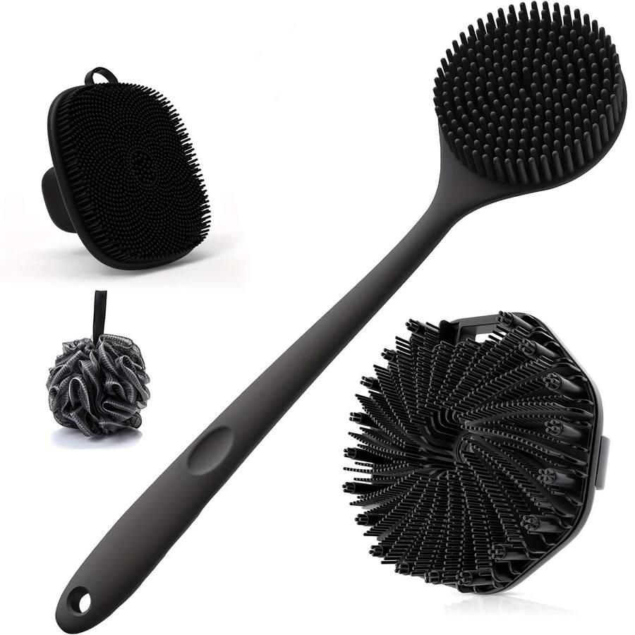 4pcs Silicone Bath & Skincare Set - Dual-Sided Long Handle Back Brush, Facial Cleansing Brush & Soft Bristle Shower Scrubber And Bath Ball - Non-Slip Grip For Deep Clean & Massage, Fragrance-Free - 黑色 - 查看 1