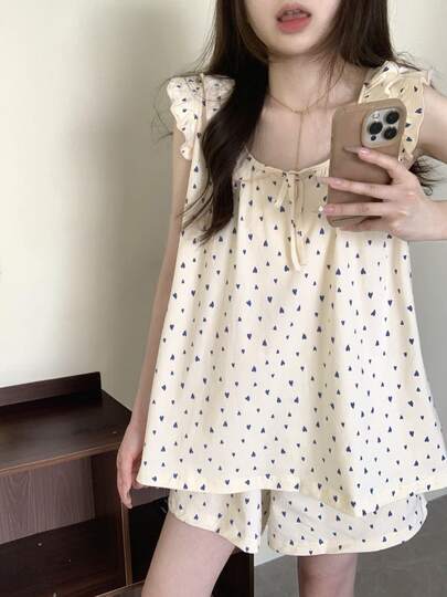 Bộ đồ ngủ in hình trái tim tay lửng dễ thương dành cho nữ, áo ba lỗ không tay và quần short mặc ở nhà, mùa hè