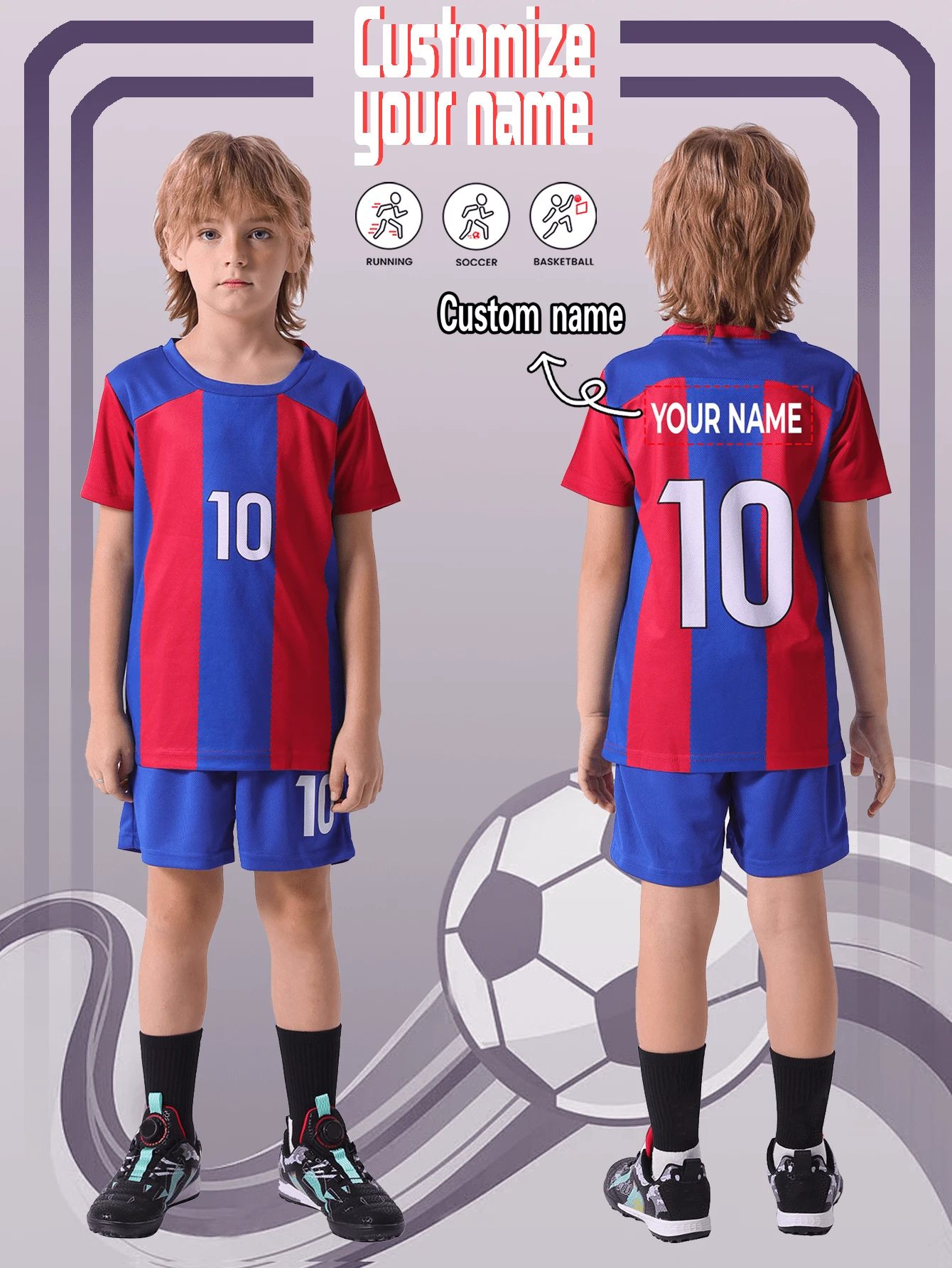 [Custom] 2pcs Barcelona FC Sports Training Quick-Dry Short Sleeve Sportswear Set, Fixed No.10 Number, Suitable For Football, Sports, Daily Wear, Customized Name - Blue - View 1