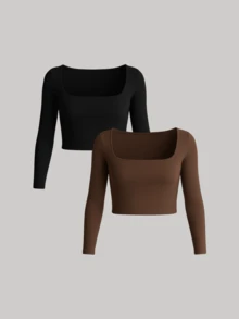 Cropped Long Sleeve Square Neck Winter Cold Weather Blouse SUPLEX - 咖啡棕 - 查看 2