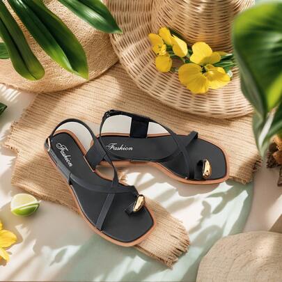 Korean Fashion Slippers, 2025 Summer Women Ankle Strap Color Block Flat Sandals, Suitable For Spring, Easter Holiday, Casual, Beach, Mother's Day, New Design Metal Buckle Strap Casual Roman Flat Sandals With Non-Slip
