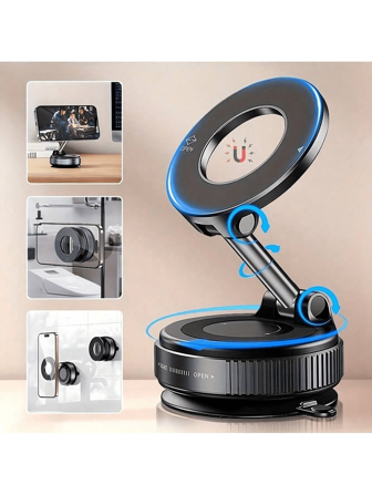 2025 New 360 Rotating Aluminium Alloy Magnetic Attraction Vacuum Suction Cup Car Mobile Holder Portable New Design Folding Phone Holder One-Handed Operation Full Range And Multi Angle Adjustment For Vehicle, Desk, Wall