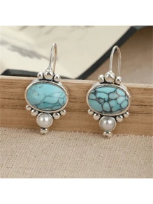 1 Pair Vintage Bohemian Faux Turquoise Blue Earrings With Faux Pearl Decor, Fashionable Wedding/Party Earrings Gift For Women