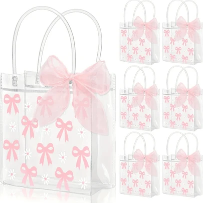 1/3/6/12Pcs Transparent PVC Gift Bags With Pink Bow & Daisy Flower Pattern - Mother's Day, Wedding, Birthday Party, Valentine's Day Elegant Tote Bag Without Pink Ribbon, Durable Wedding Favor Bags, Transparent Bags