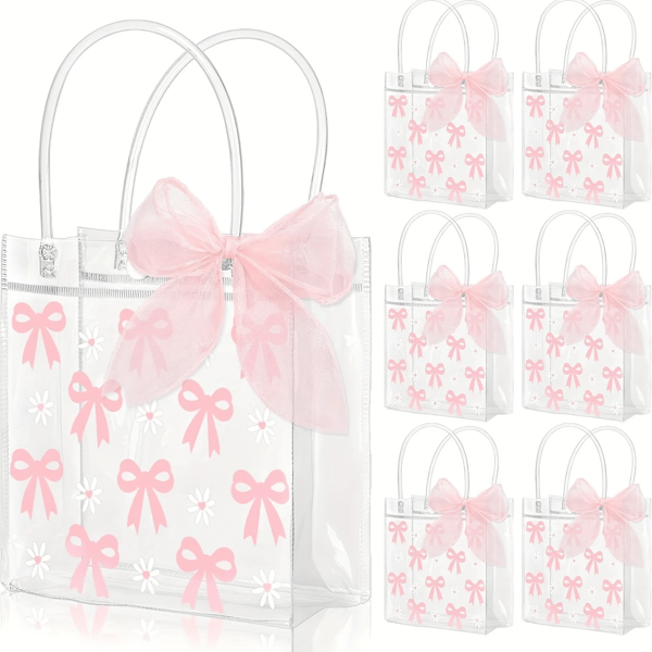 1/3/6/12Pcs Transparent PVC Gift Bags With Pink Bow & Daisy Flower Pattern - Mother's Day, Wedding, Birthday Party, Valentine's Day Elegant Tote Bag Without Pink Ribbon, Durable Wedding Favor Bags, Transparent Bags