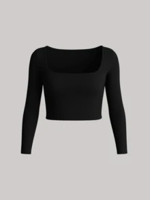 Cropped Long Sleeve Square Neck Winter Cold Weather Blouse SUPLEX - Black - View 1