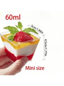 60ml/120ml/150ml/190ml透明慕斯杯方形塑料甜点杯蛋糕冰淇淋布丁杯，非常适合生日、派对、婚宴和装饰