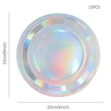 10pcs Iridescent Party Supplies Decoration, 7-Inch Dessert Plate, 9-Inch Dining Plate And 9OZ Paper Cup Set, Disposable Iridescent Paper Plate, Cups For Mermaid Birthday Wedding Party, Friends Dining, Festive Party - Multicolor - View 5