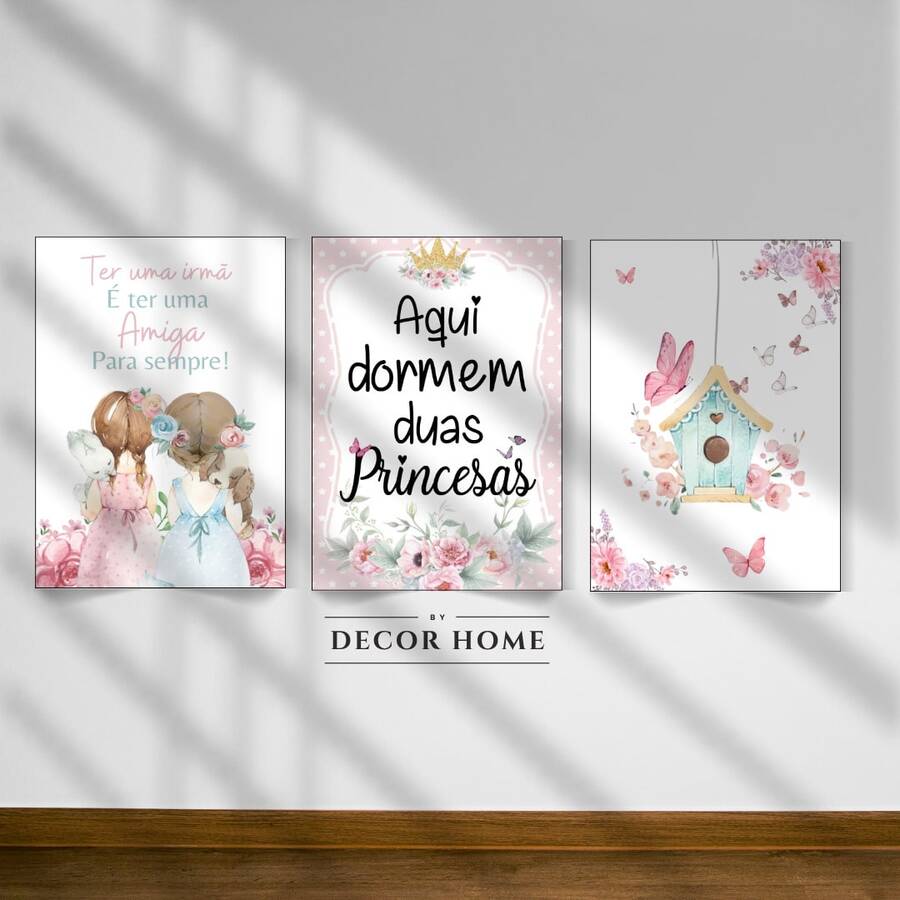 Kit 3 Quadros Aqui Dormem Duas Princesa, Quadro de irmãs Decoração de Casa Sala Quarto Infantil Meninas - Rosa Bebê - Visão 1
