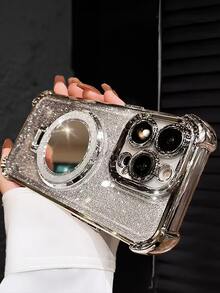 Étui de téléphone électrolysé de luxe avec support anneau, miroir de maquillage intégré, style strass Y2K, antichoc et anti-chute, coque souple en silicone compatible avec iPhone 16/16E/15/14/13/12/11/X/XS/XR/8/7 Plus/Pro/Max/Mini, Galaxy S24/S25 Ultra, compatible avec Xiaomi, compatible avec Honor, compatible avec Reno, MOTO Femme 2025 - Argent - Voir 3