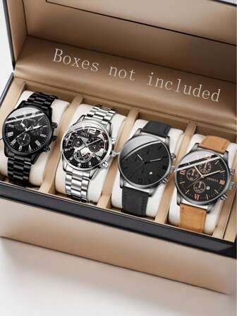 4pcs Men's Fashion Casual Business Mixed Scale With Calendar Function Circular Dial Quartz Watch Combination Set For Daily Wear Or Holiday Gift Giving