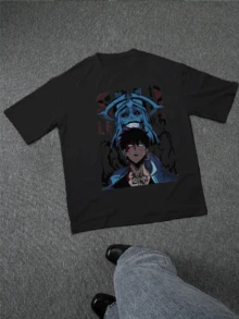 Anime Print Casual Summer Short Sleeve Crew Neck TShirt For Men, Unique Gift Idea For Anime Fans,Comfortable Breathable Cotton Blend Fabric,Perfect For Daily Wear Or Casual Occasions. - 黑色 - 查看 2