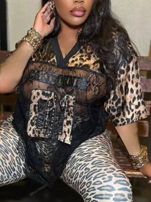 Completo estivo da donna per l'estate, top a laccetto con strass a forma di lettera, cheetah, prent, per feste di mezza notte, scollo a V, metà della coscia - guarda attraverso la scollatura a T