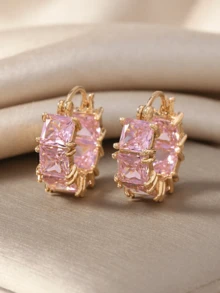 1 对简约女士环形耳环，时尚日常耳环，独特小众设计生日礼物 - 粉色 - 查看 2