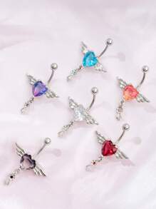 2025 Latest Zinc Alloy Heart-Shaped Angel Wing Pendant Stainless Steel Zirconia Navel Piercing Jewelry, To Match Red Customer