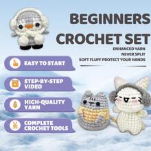 Set de 3 kits de material de ganchillo con diseños de gato y pingüino, kit de animal de peluche tejido a ganchillo lindo, regalo de cumpleaños, kit de animal de ganchillo para principiantes que incluye tutoriales en video, hilo, marcadores de costuras e instrucciones (accesorios en color aleatorio)