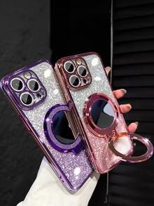 Luxury Electroplated Pink Phone Case With Bicycle Ring Magnetic Stand, Built-In Makeup Mirror, Rhinestone Glitter, Y2K Style, Fashionable Silicone Shock-Proof Soft Shell, Compatible With IPhone 16/16E/15/14/13/12/11/X/XS/XR/8/7 Plus/Pro/Max/Mini, Galaxy S24/S25 Ultra, Redmi, Honor/OPPO Reno/MOTO Infinix, Waterproof, Shockproof, Scratch-Resistant