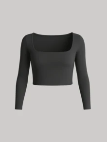 Cropped Long Sleeve Square Neck Winter Cold Weather Blouse SUPLEX - Grey - View 1