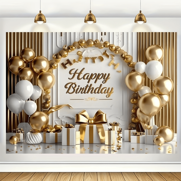 1pc Multipurpose Happy Birthday Banner With Gold And White Balloons And Big Bow - Perfect For Princess Party, Bachelorette Party Celebrations And Photo Backdrops, Backgrounds And Photography Decorations, No Electricity Required, Multiple Size Options