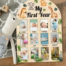 1 pieza Exhibidor de foto de hitos del primer año del bebé, placa conmemorativa del crecimiento de recién nacido mensual - Marco de fotos para colgar en la pared de madera, decoraciones para fiesta de baby shower, decoración de habitación, regalos para fiestas para niños, decoración de guardería (43*30cm/17*12in), incluye cinta y cuerda