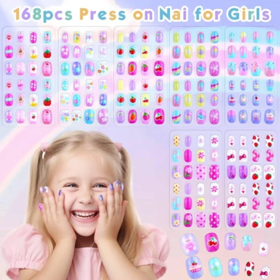 (168pcs And 24pcs) Kids Press-On Nails For Girls, Naio Kids False Nails, Pre-Glued Sticker Nails, Full Coverage Short Acrylic Nails Set For Girls Nail Art Decoration Nail Supplies