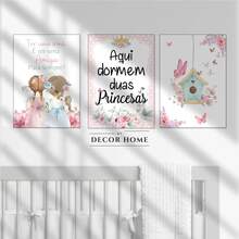 Kit 3 Quadros Aqui Dormem Duas Princesa, Quadro de irmãs Decoração de Casa Sala Quarto Infantil Meninas - Rosa Bebê - Visão 2