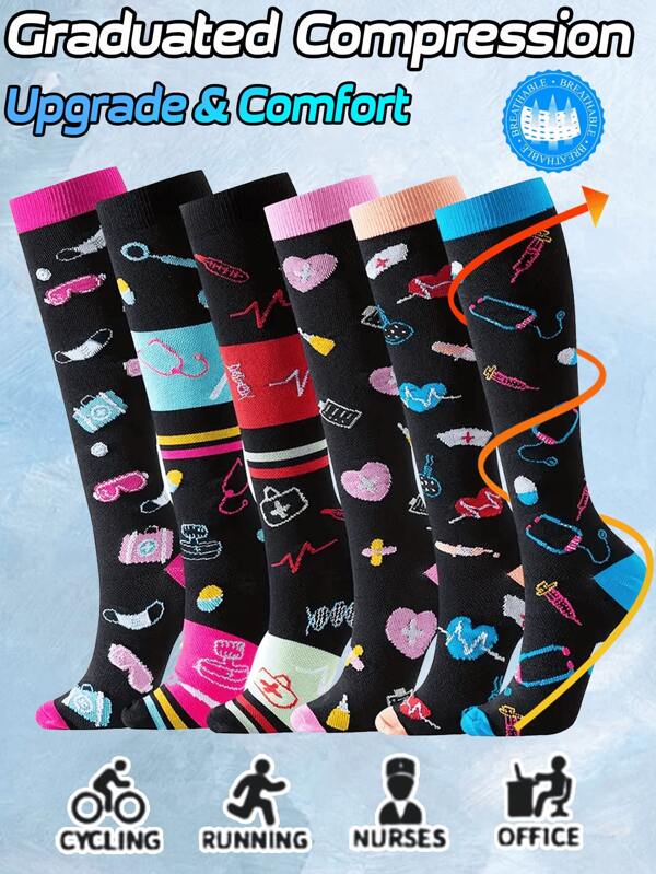 6/1 Pair Of Black Compression Socks With Colorful Designs - Elastic, All-Season Fabric For Cycling, Running, And Outdoor Sports, Machine Washable, Sports Socks|Vibrant Sock Design|Stretchy Material