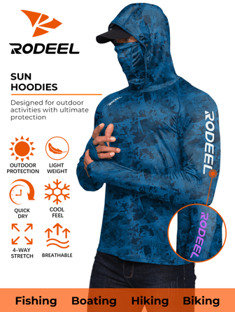 RODEEL Men's Masked Plug-In Hooded With Finger Holes Sweat Absorbent And Breathable Long Sleeve Neck Fishing T-Shirt With Allover Printed Design For Outdoor Activity, Hiking, And Riding