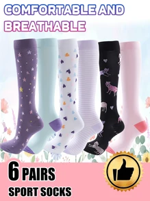 6 Pairs Cartoon Patterned Sports Socks For Work, Running & Active Lifestyles - Breathable Nylon, Polyester & Spandex Blend, Supportive Knit Fabric, All-Season Comfort – Ideal Gift For Her