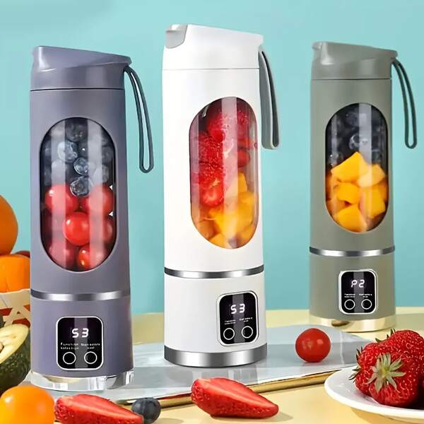 1-Piece USB Rechargeable Portable Juicer, Small Juicer For Making Smoothies And Milkshakes, Mini Ice Crusher, 3.7V25W High-Power Juicer Cup, Three Modes, Digital Display, 10 Blades, 15.22 Ounces, Easy To Clean, Perfect For Travel, Fresh Juice, Portable Cup,1300mAh
