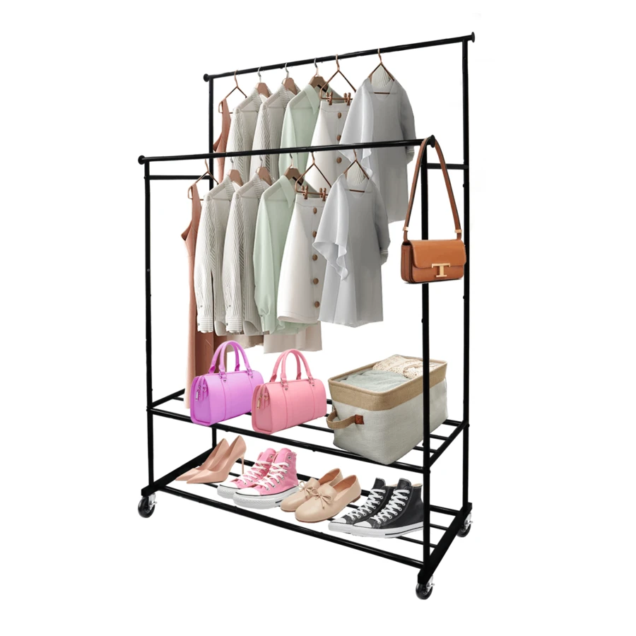 Double Rod Clothing Garment Rack Rolling Hanging Clothes Organizer Portable Metal Frame Storage Solution For Bedroom Living Room Retail Shop Display Heavy Duty Black Metal Adjustable Expandable - Black - View 1