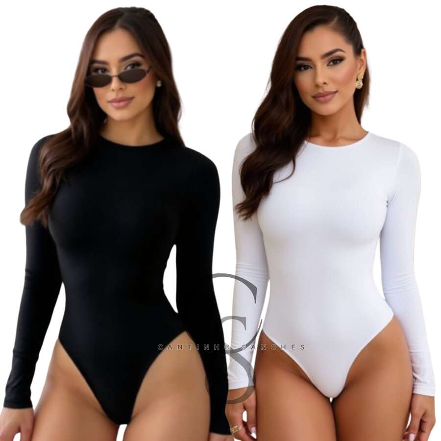 Kit 2 Suplex Bodysuit Long Sleeve Second Skin Crew Neck Bory Long Sleeve Plain - 黑色 白色 - 查看 1