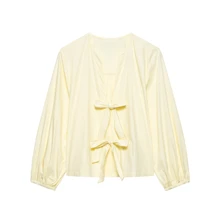 DEEKA 2023 Spring-Summer New Arrival Summer Butter Yellow Graduation Outfit Women Fashion Casual Silk Blouse With Bow Decor